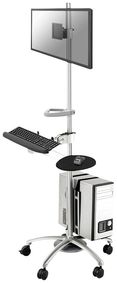 Un tavolo per computer mobile con monitor, tastiera, mouse e supporto per CPU. Ideale per postazioni di lavoro mobili in uffici o cliniche.