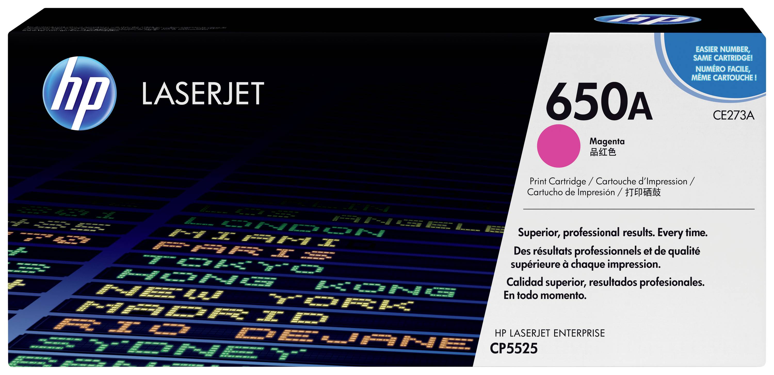 Confezione cartuccia di toner magenta HP LaserJet 650A, modello CE273A, con "HP LaserJet Enterprise" e "CP5525" stampati sulla parte anteriore.