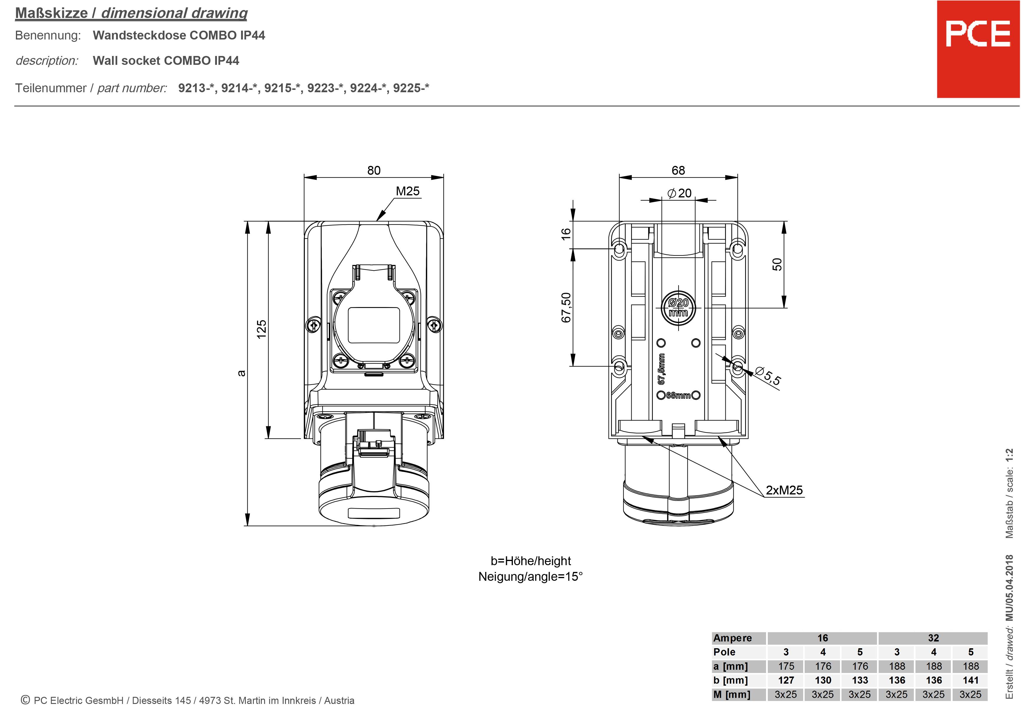Disegno tecnico di una presa a muro COMBO IP44 di PCE, con quote, vista laterale, vista frontale e tabella con specifiche.