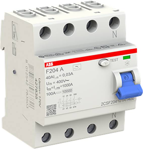 Un interruttore differenziale a quattro poli con tasto di test blu, contrassegnato come 'F204 A', capacità 40A, 400V, utilizzato in circuiti elettrici.