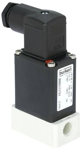 Valvola elettromagnetica compatta, nera di Bürkert; corpo rettangolare, con etichetta che riporta dettagli tecnici e attacchi.