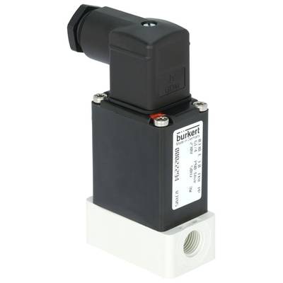 Valvola elettromagnetica compatta, nera di Bürkert; corpo rettangolare, con etichetta che riporta dettagli tecnici e attacchi.