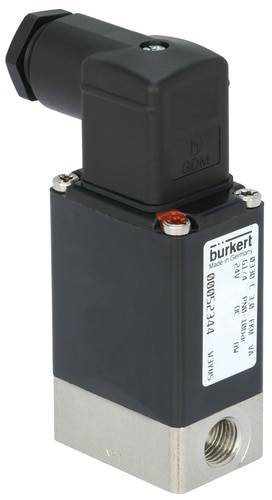 Una valvola magnetica nera di Bürkert con testa rettangolare e attacco argentato. Sull'etichetta bianca sono riportate le specifiche tecniche.