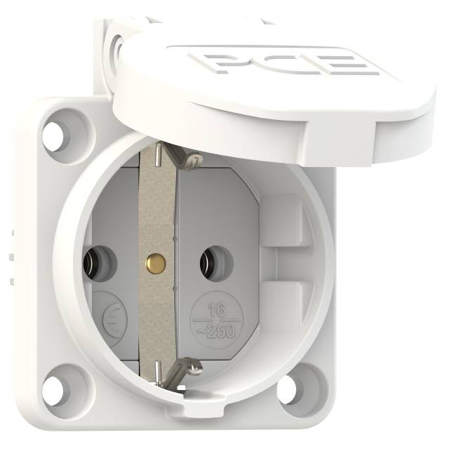 Presa elettrica bianca con sportello aperto, mostra i contatti interni. Utilizzata per dispositivi elettrici. Dettagli delle specifiche elettriche visibili.