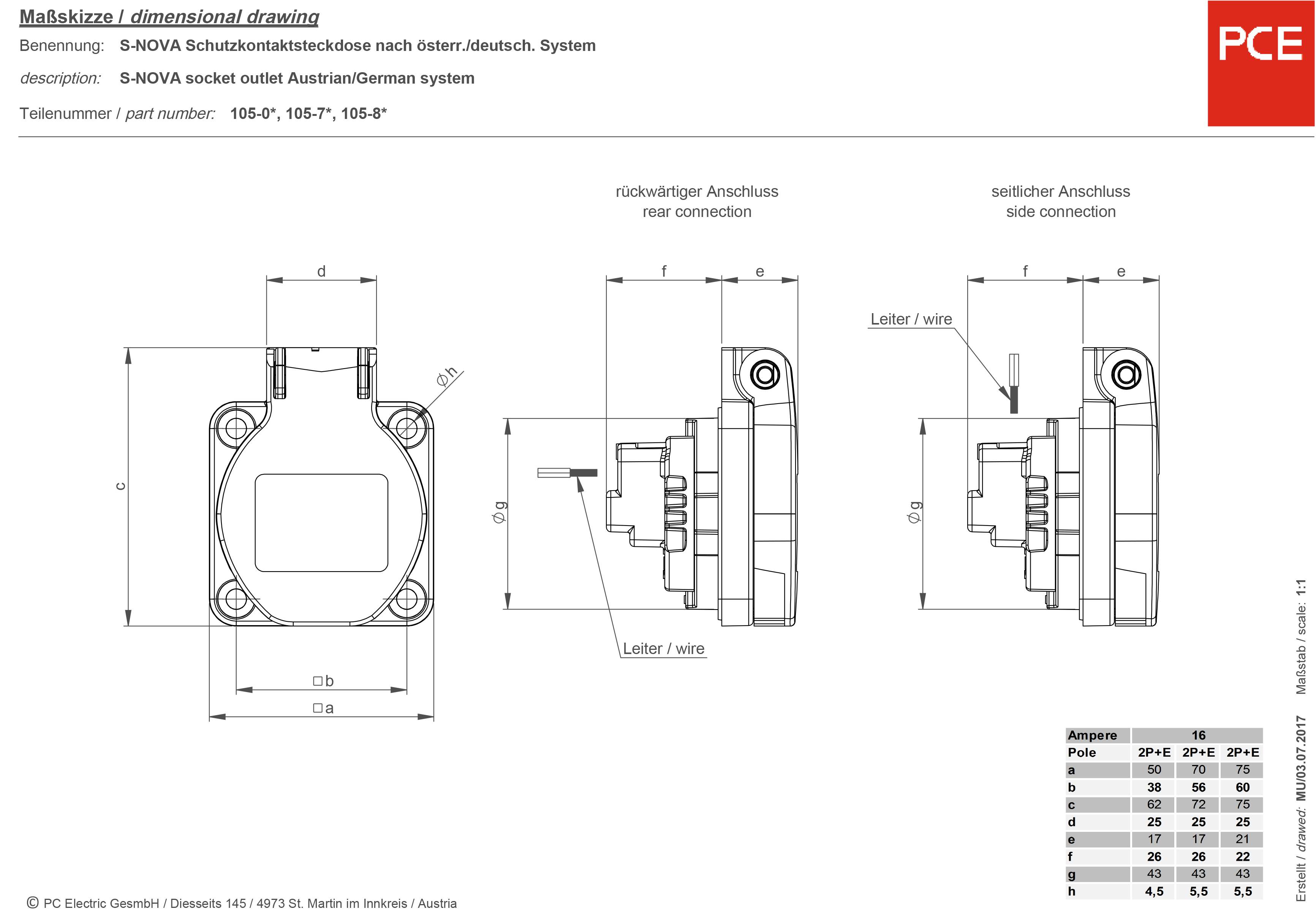 Disegno tecnico di una presa di corrente Schuko a 3 NOVA. Mostra vedute e dimensioni in millimetri. Contiene etichette in tedesco e inglese.