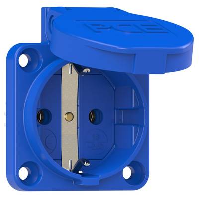 Una presa elettrica blu con protezione di contatto e coperchio ribaltabile aperto, che mostra i due alloggiamenti per spine e il contatto di terra.