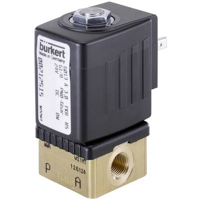 Una valvola elettromagnetica Bürkert; bobina in plastica nera in alto, sotto di essa una valvola in ottone con filettatura di connessione.