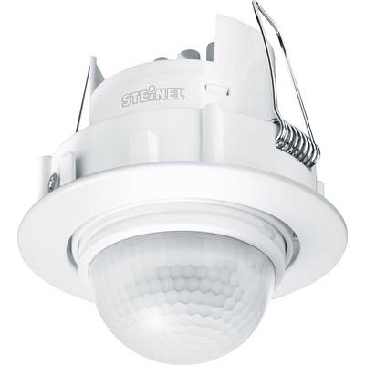 Un rilevatore di movimento da soffitto bianco con lente del sensore e molle di fissaggio, marca 'STEINEL'. Adatto per interni.