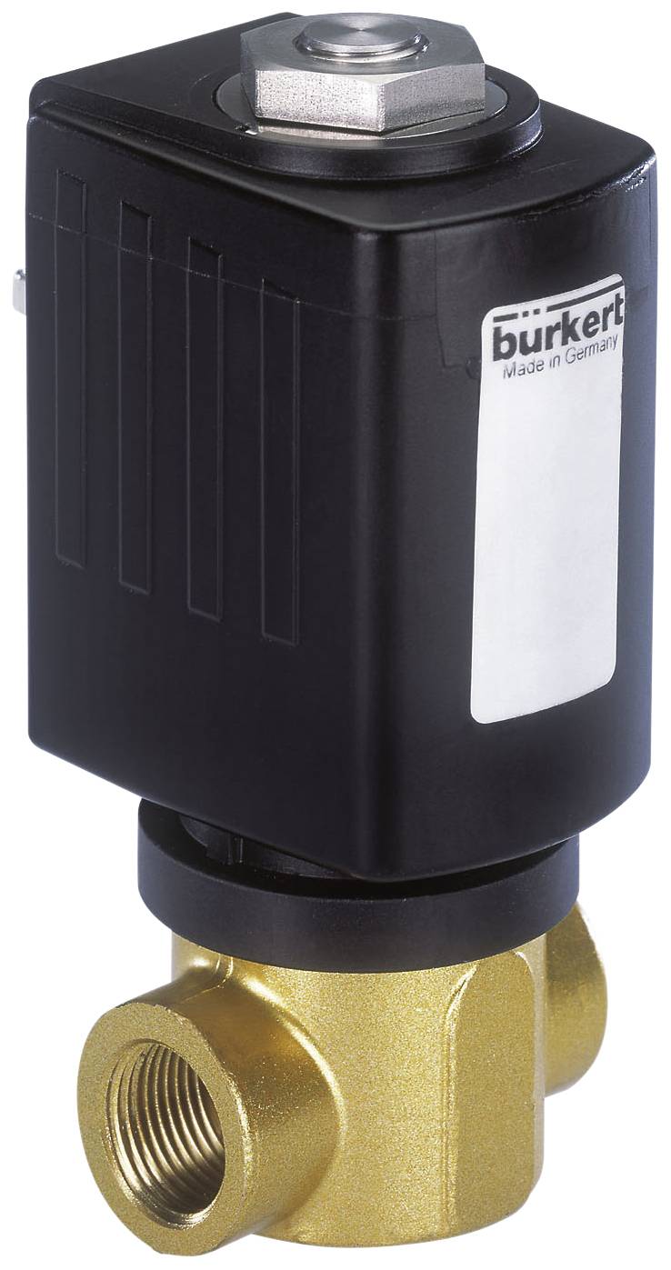 Una valvola elettromagnetica con involucro nero e corpo in metallo dorato. Il logo 'burkert' è visibile.