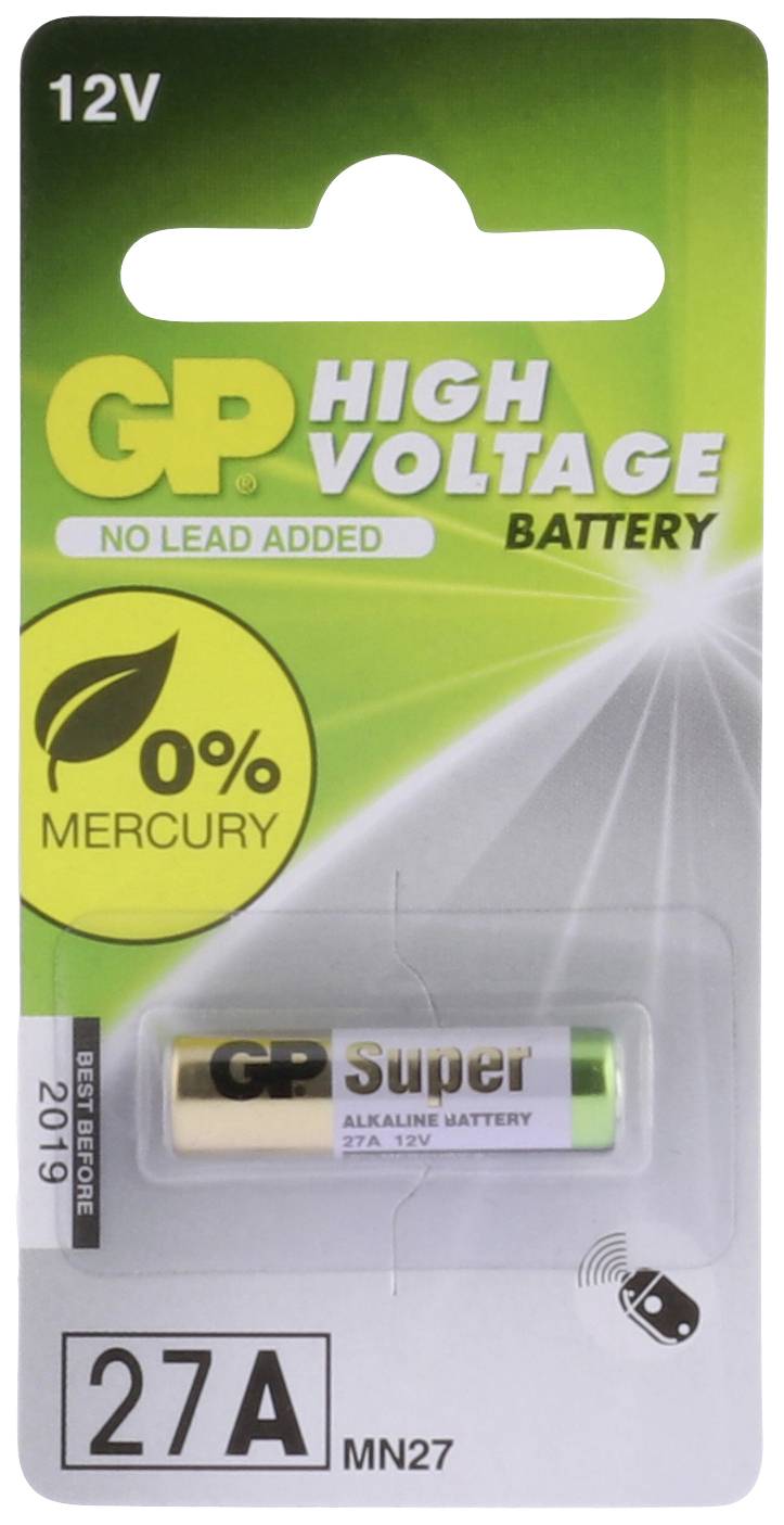 Confezione e batteria di una batteria alcalina GP Ultra+ 27A 12V, con stampa "LONG LASTING POWER".