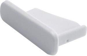 Un manico in plastica bianco con bordi arrotondati, raffigurato di lato, probabilmente utilizzato come maniglia per mobili o pomello per porta.