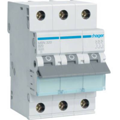 'Interruttore di protezione tripolare con linea blu, modello MBN 320 B20 di Hager.'