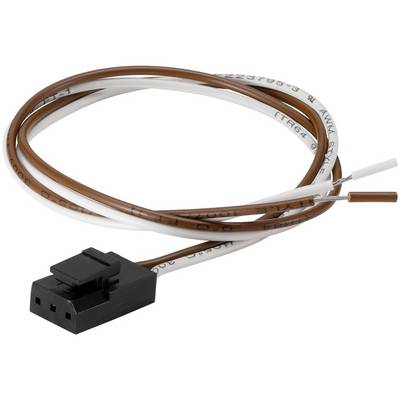 Un connettore nero e bianco con due fili, uno marrone e uno bianco. Il connettore è fissato a un involucro in plastica nera.