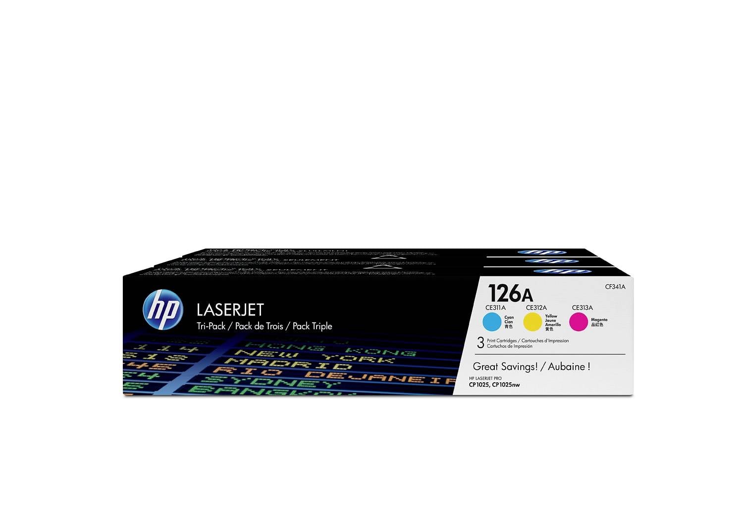 Confezione di cartucce di toner tricolore HP LaserJet 126A, mostrata in confezione di vendita al dettaglio con etichette ciano, giallo e magenta.