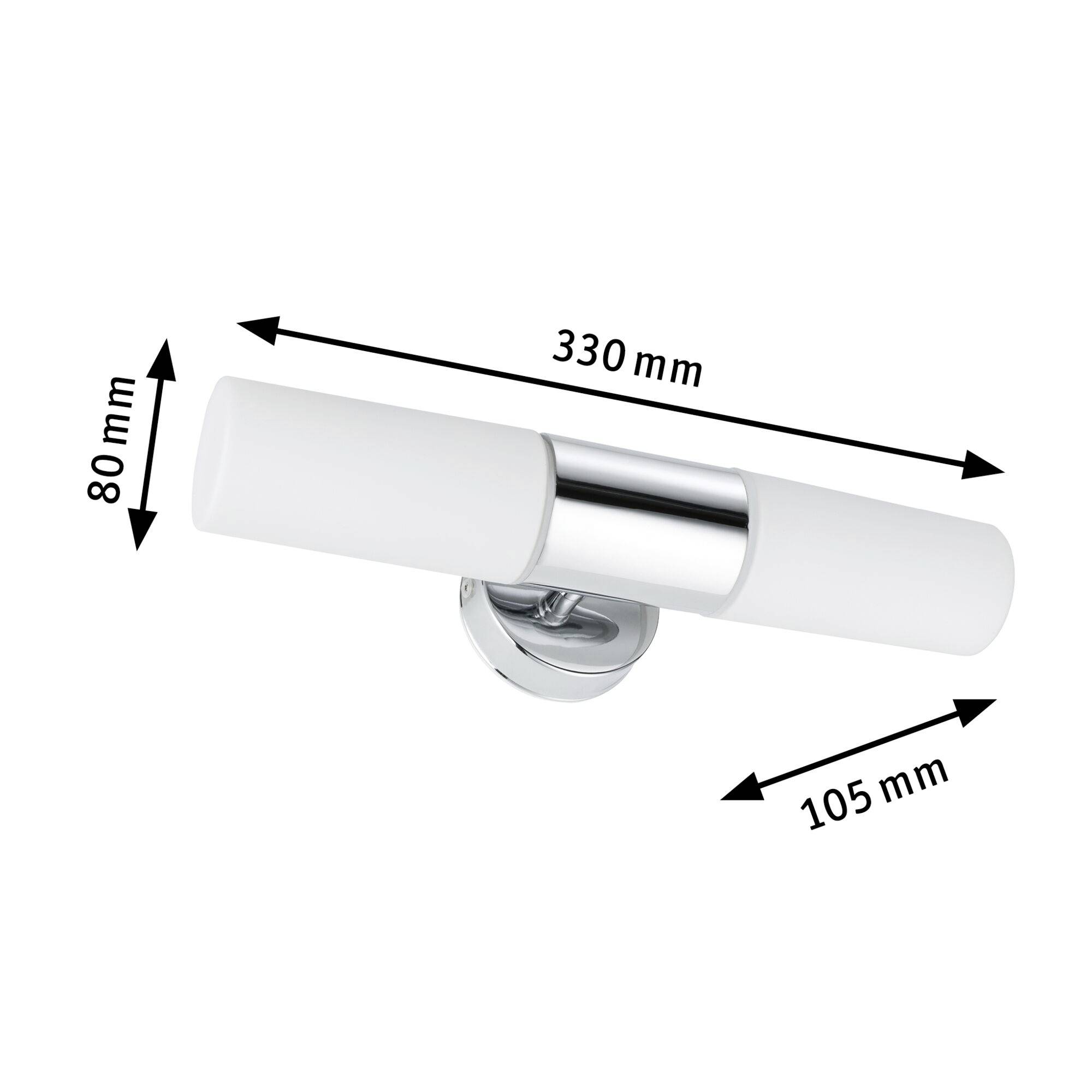 Una lampada da parete argentata con due elementi illuminanti cilindrici bianchi, dimensioni: larghezza 330 mm, altezza 80 mm, profondità 105 mm.