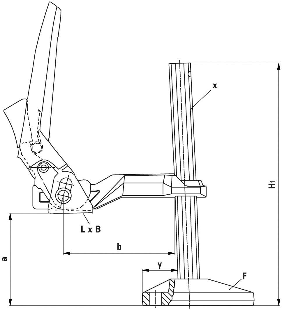 Disegno tecnico di un meccanismo regolabile. Mostra le dimensioni, la posizione della leva, una base (F) e gli assi (x, y).