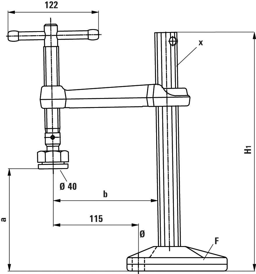 Disegno tecnico di un braccio oscillante regolabile con quote: Altezza (H), Larghezza (b), Distanza del braccio (a), Diametro base (Ø 40).