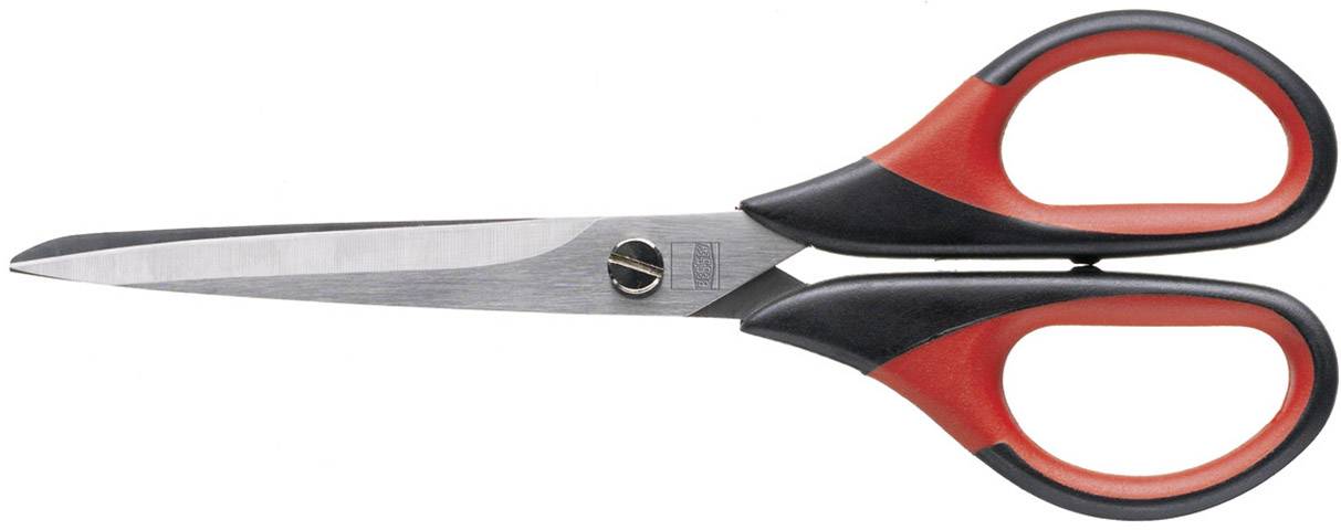 Forbice con impugnatura rossa e nera, aperta. È adatta per lavori di taglio artigianali o quotidiani.