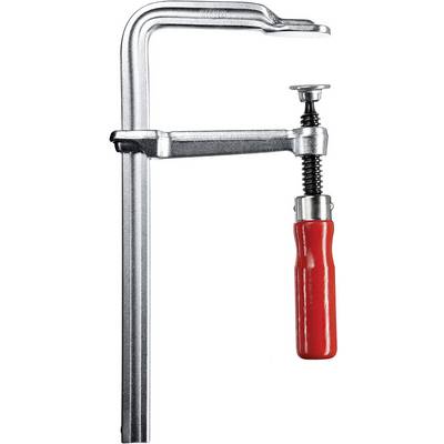 Strettoio metallico G con impugnatura in legno rossa, principalmente utilizzato per fissare pezzi durante l'incollaggio o l'avvitamento.
