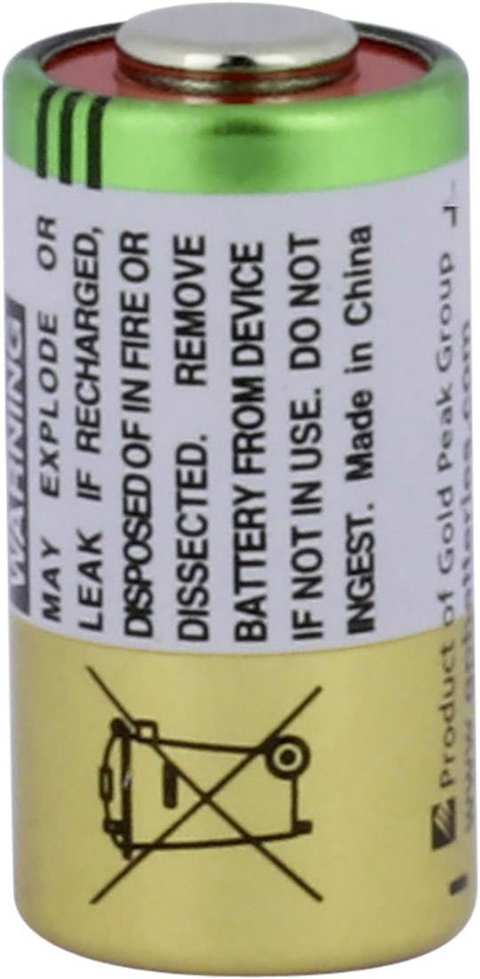 Piccola batteria oro-verde con avvertenze: Non ricaricare, non smontare, non bruciare. Fabbricata in Cina.