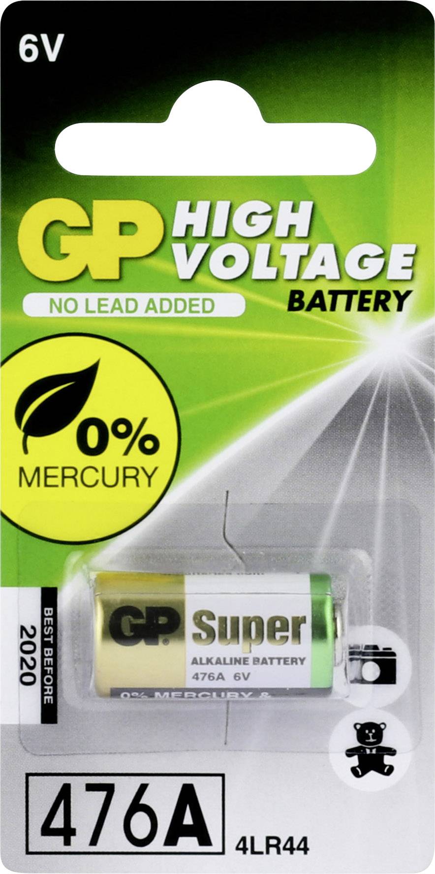 Confezione di batterie del marchio GP Super, tipo 476A, 6V, priva di mercurio. Data di scadenza 2020. Non contiene componenti al piombo.
