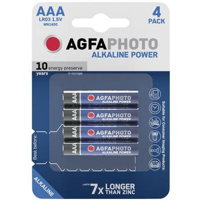 Quattro batterie AAA di AGFAPHOTO, serie 'Alkaline Power'. La confezione enfatizza la lunga durata e la conservazione dell'energia fino a 10 anni. Adatte per dispositivi di consumo.