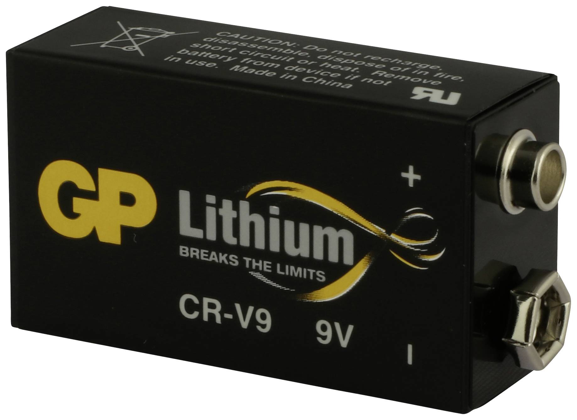 Batteria al litio 9V nera con scritta 'GP Lithium CR-V9' e avvertenze.