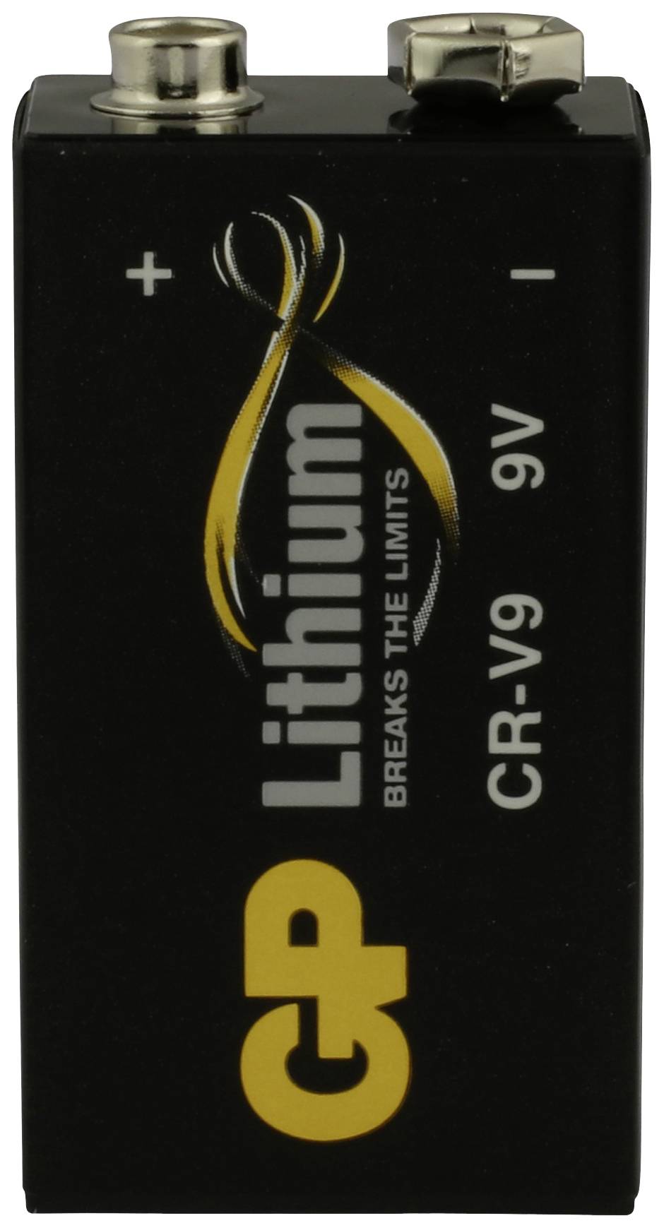 'Batteria al litio da 9V, involucro nero con logo GP giallo, poli positivo e negativo in alto.'