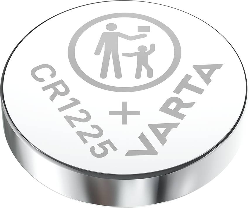Batteria a bottone d'argento con scritta 'CR1225 VARTA'. Simbolo che avverte del pericolo di ingestione di piccole parti.