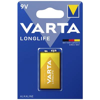 'Batteria alcalina VARTA Longlife 9V in confezione, design giallo-blu, adatta per dispositivi a basso consumo energetico.'