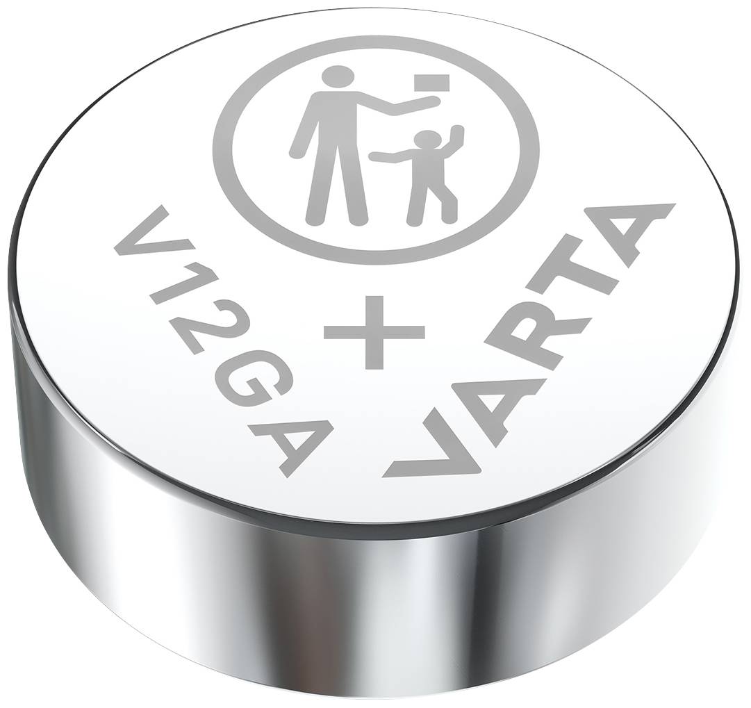 Pila a bottone 'VARTA V12GA' con simboli di avvertenza; diametro di circa 1,1 cm.