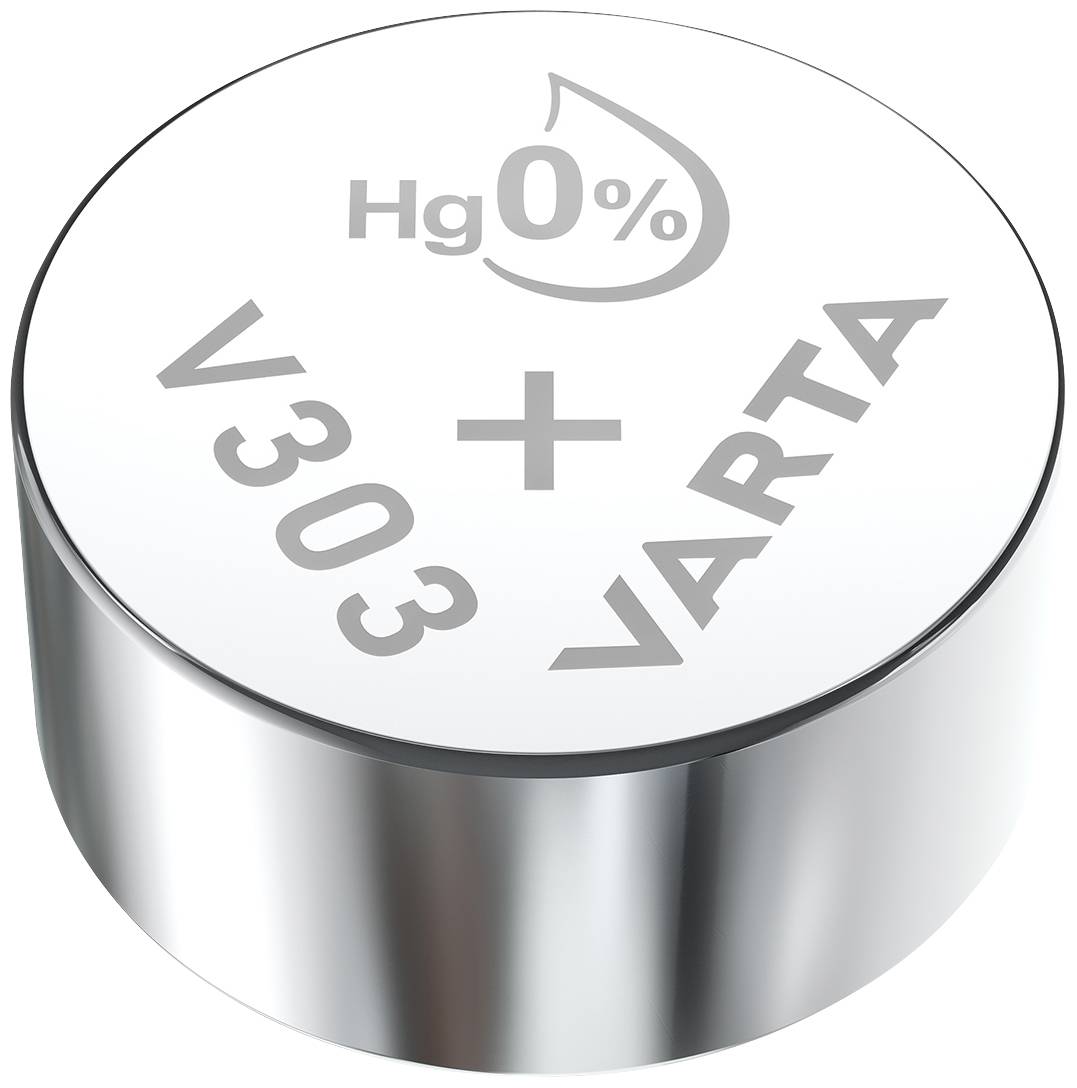 Pila a bottone color argento di Varta, modello V303, priva di mercurio ('Hg 0%') contrassegnata con segno più positivo, su sfondo bianco.
