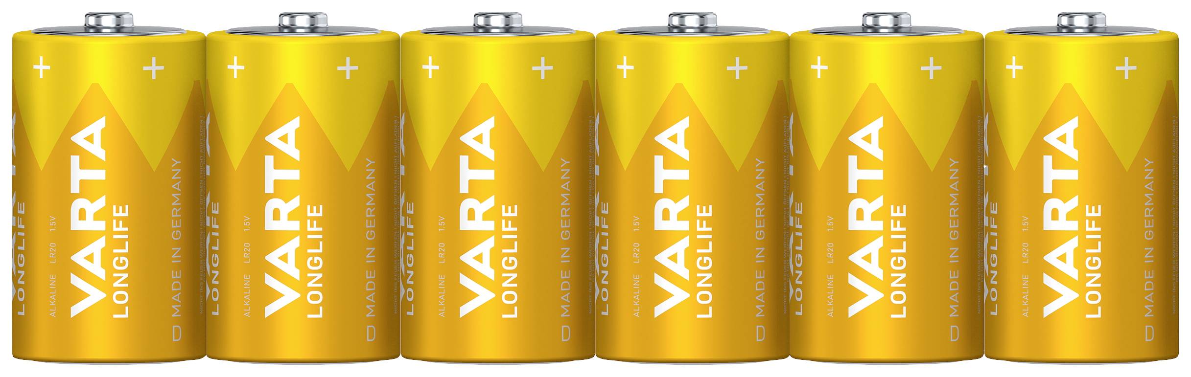 Sei batterie gialle con la scritta 'Varta Longlife', allineate in fila.