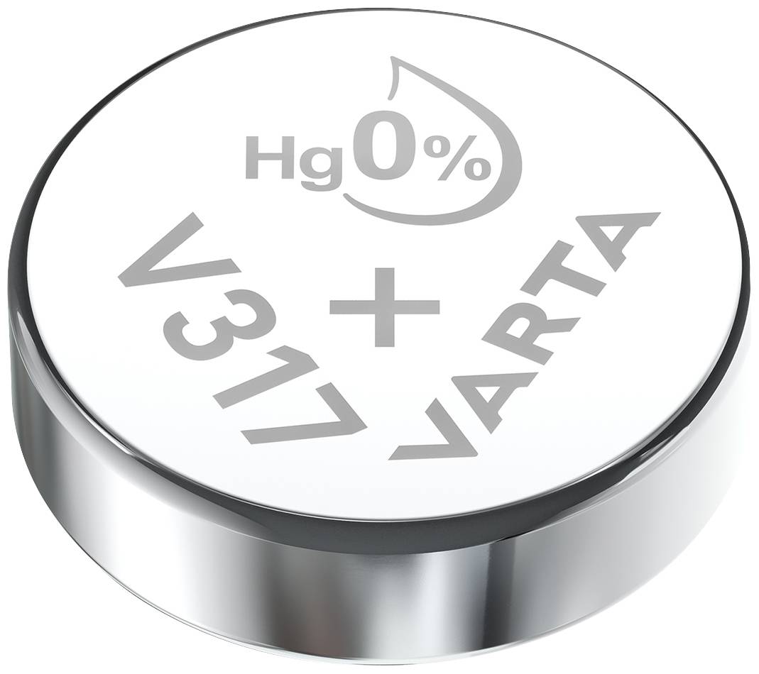Una batteria a bottone d'argento con la scritta 'Hg 0%' e 'V317 + VARTA', indica una composizione priva di mercurio.