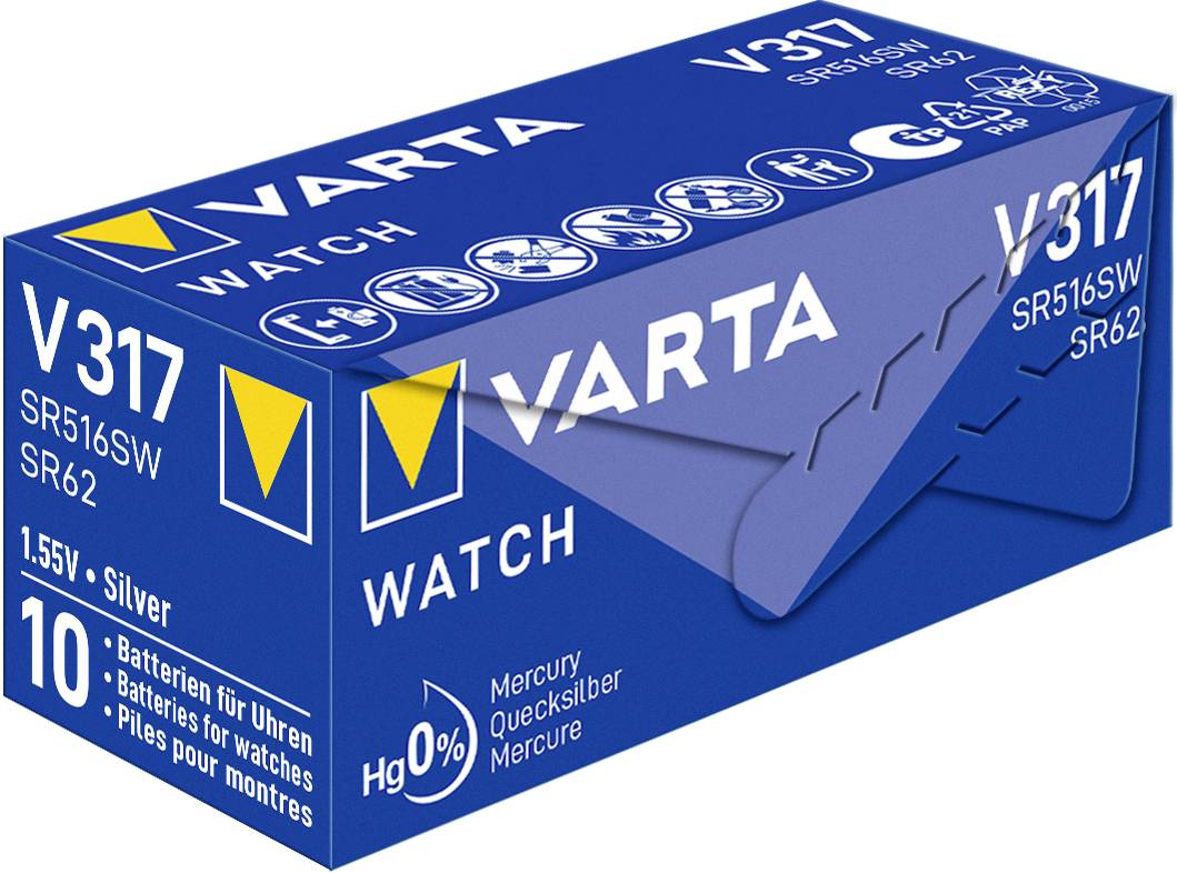 Confezione blu con la scritta 'VARTA WATCH V317'. Contiene 10 batterie per orologi d'argento, 1.55V, prive di mercurio.