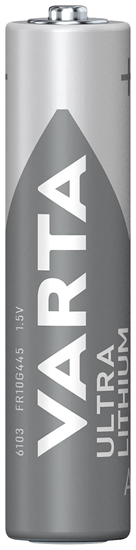 Batteria AA argentata con scritta 'VARTA Ultra Lithium 1.5V'.