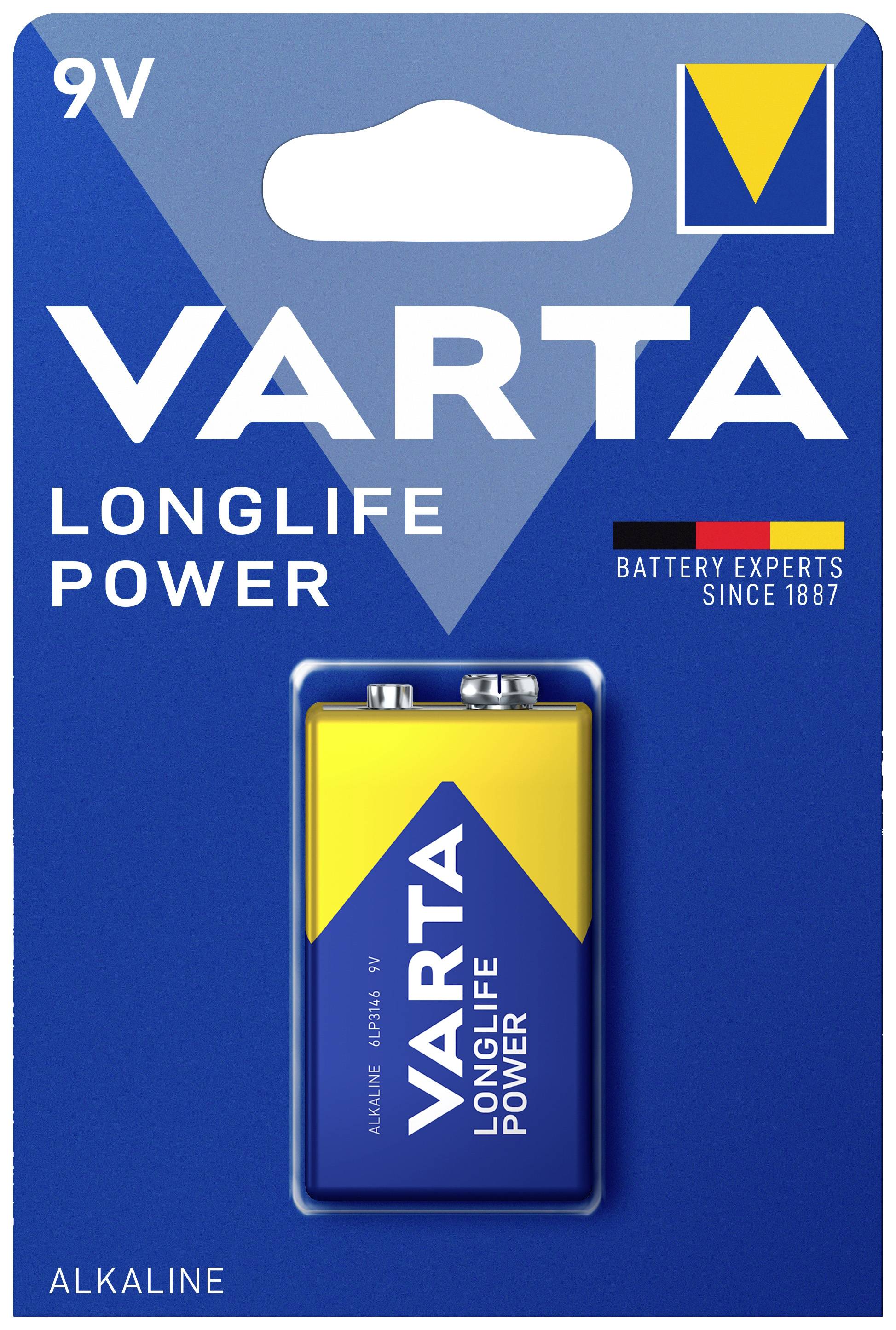 Batteria Varta 9V della serie 'Longlife Power' confezionata, adatta per dispositivi con alto consumo energetico.