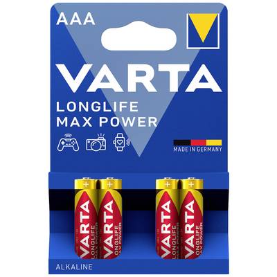 Confezione da quattro batterie alcaline AAA VARTA Longlife Max Power, adatte per giocattoli, fotocamere e dispositivi audio, 'Made in Germany'.
