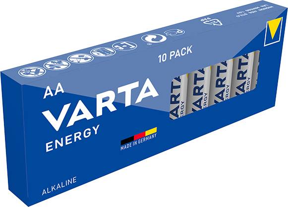 Confezione da 10 batterie AA Varta Energy. Confezione blu con indicazione 'Made in Germany'. Batterie alcaline.