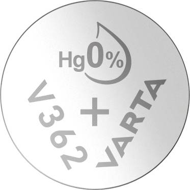 Una batteria a bottone d'argento con la scritta 'Hg 0%', 'V362', '+' e 'VARTA', indica una batteria priva di mercurio.