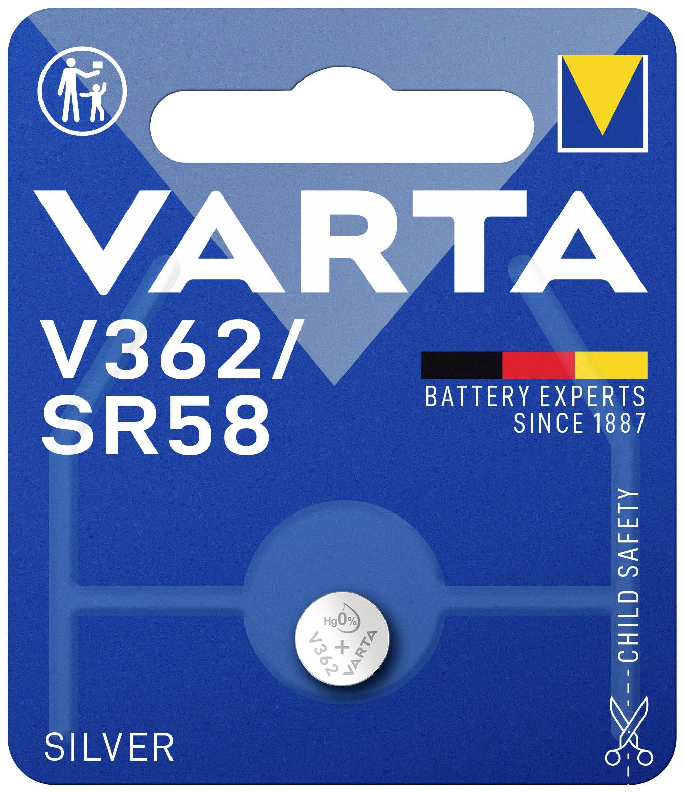 Batteria a bottone Varta V362/SR58 su sfondo blu con scritta 'Battery Experts dal 1887'. Confezione a prova di bambino.