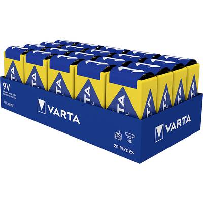 Confezione da venti batterie alcaline VARTA da 9V, idonee per rilevatori di fumo e fotocamere.