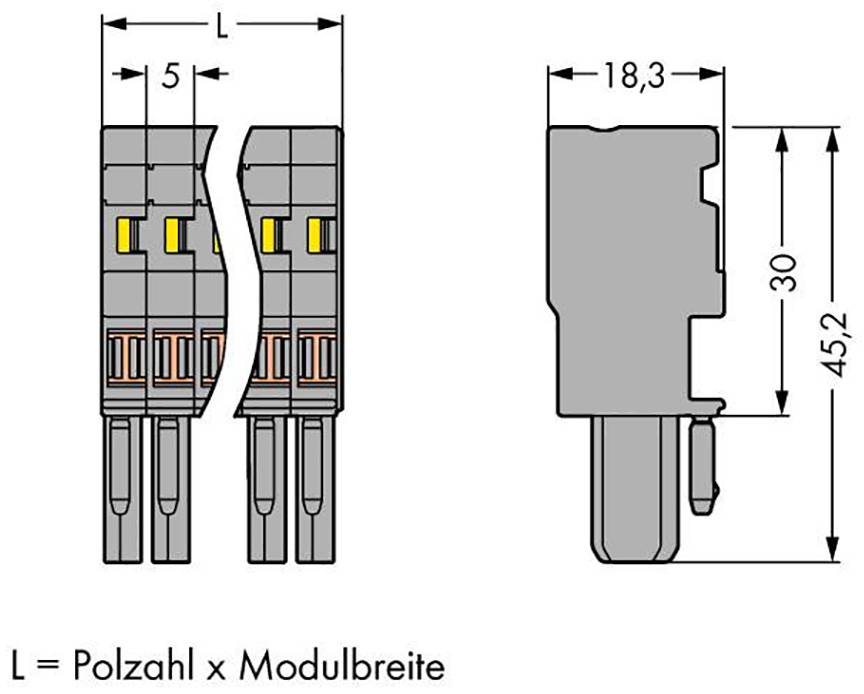 Disegno tecnico di due connettori: Vista a sinistra con dentature e pin di contatto, vista laterale a destra con indicazioni dimensionali.