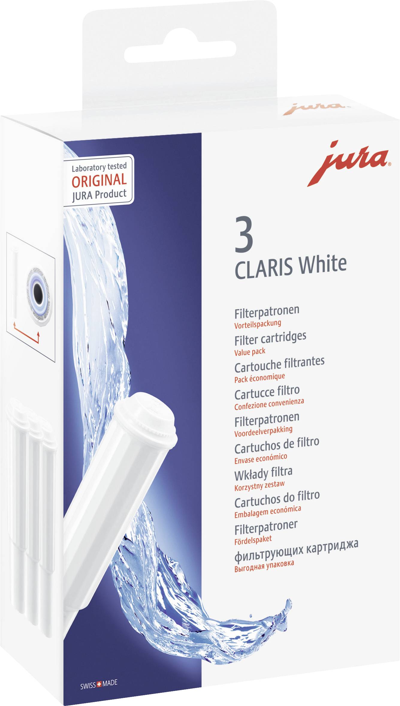 Una confezione per '3 cartucce filtranti CLARIS White' di Jura mostra dell'acqua e indica la compatibilità con le macchine da caffè Jura.