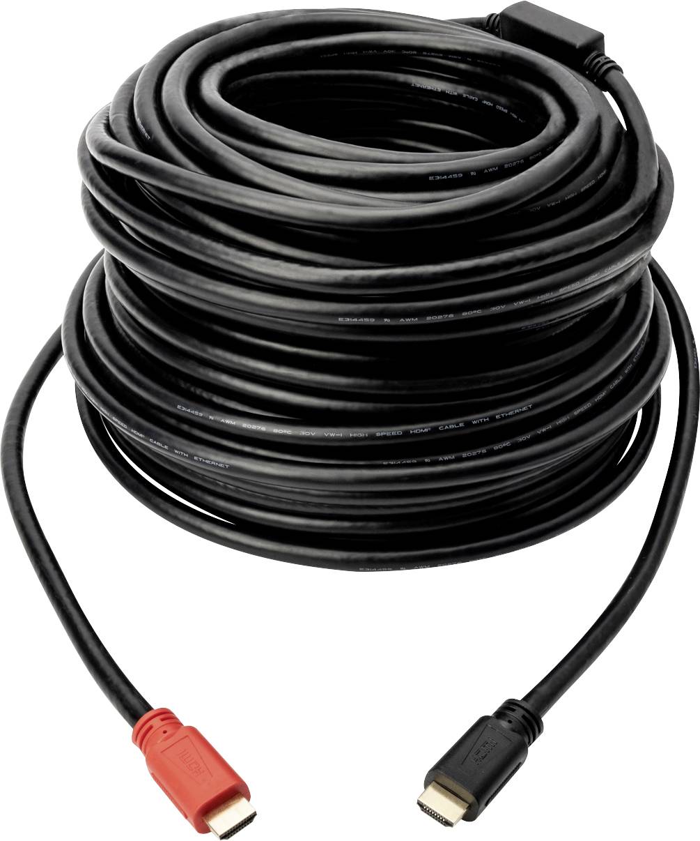 Un lungo cavo HDMI nero con un connettore rosso e uno nero alle estremità, arrotolato in un'ampia ansa.