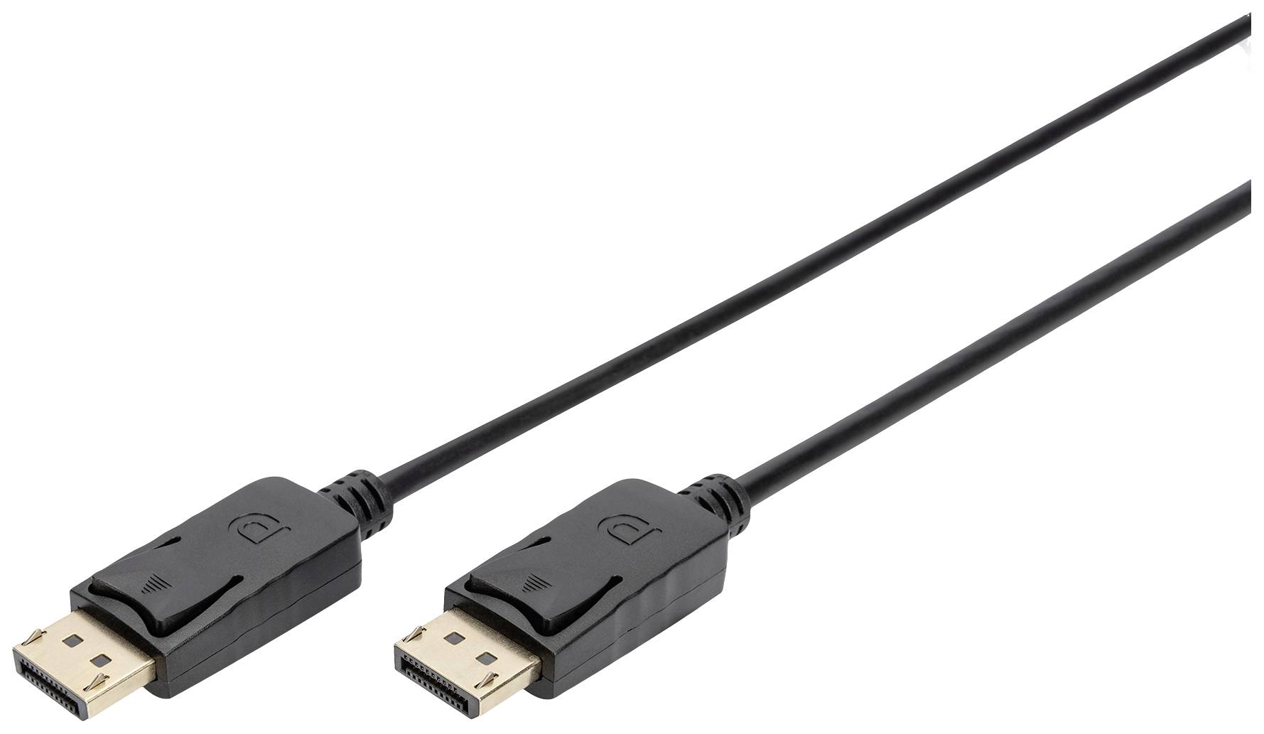 Un cavo DisplayPort nero con due connettori identici, utilizzati per collegare monitor a computer.