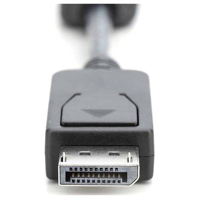 Un cavo DisplayPort nero, con il connettore visibile in primo piano. Viene utilizzato per la trasmissione di segnali audio e video.