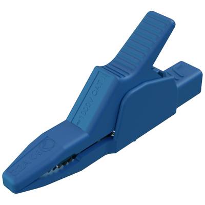 Un morsetto a coccodrillo blu, utilizzato per il collegamento sicuro di conduttori elettrici. Presenta superfici scanalate per una migliore presa.