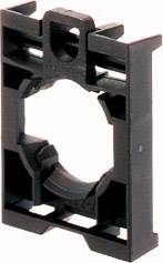 Un componente nero in plastica di forma rettangolare con un grande foro circolare centrale. Parte di costruzione o supporto.