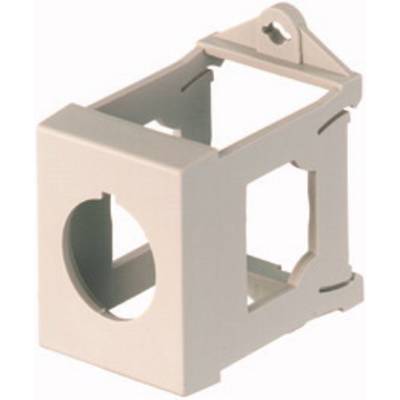 Un telaio rettangolare beige in plastica con un'apertura circolare sul lato frontale e costine laterali per la stabilità.